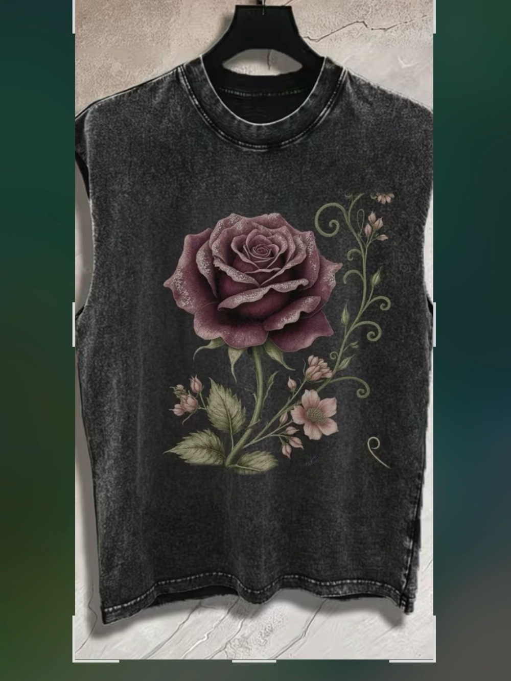 Sleeveless Black Tee with Vintage Rose Graphic